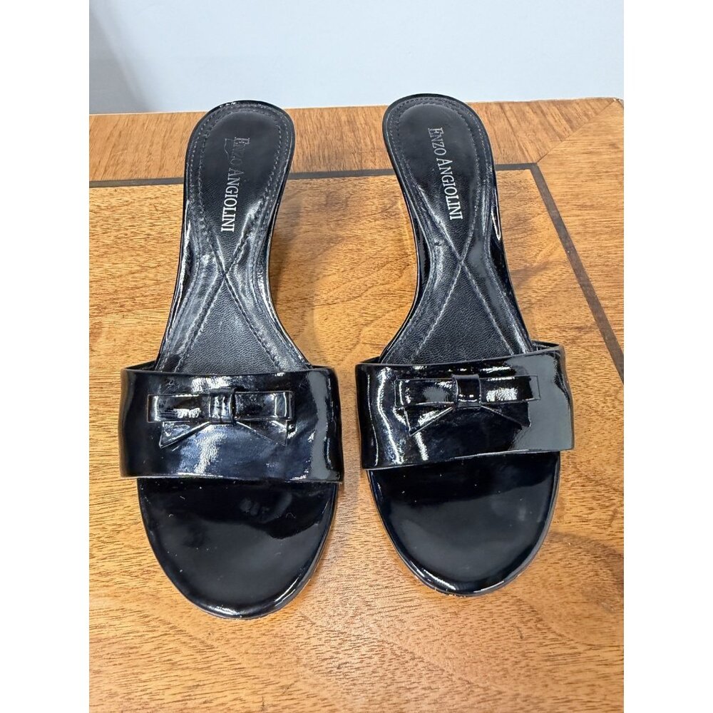 Vtg Enzo Angiolini Women's 5.5 Black Patent Leather Slip On Shoes Accent Bow
